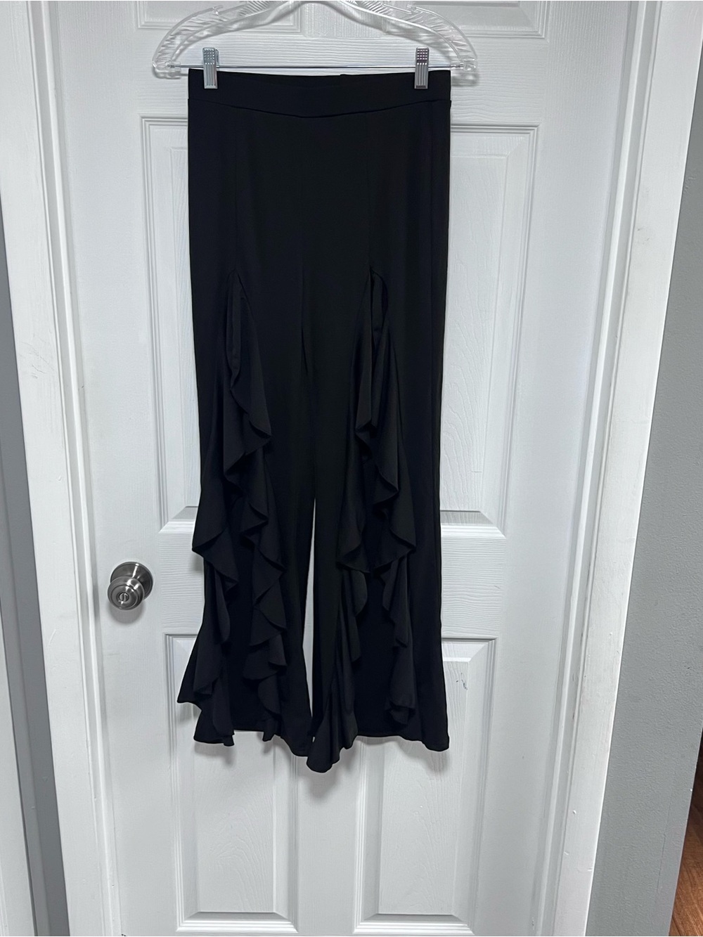 Women’s Black Ruffle Wide-Leg Pants With Slits on Each Leg Size M
